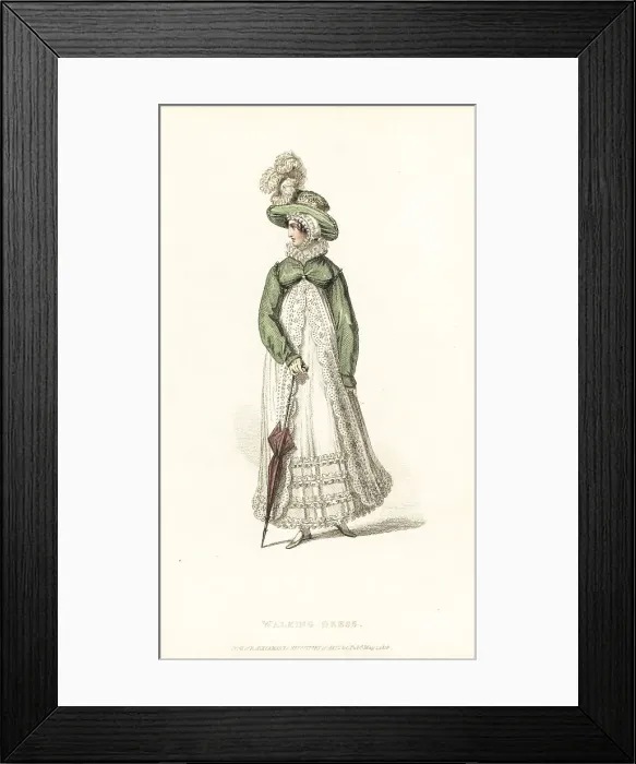 Framed Print : Regency lady in walking dress and new style hat, 1819 Framed Print : Regency lady in walking dress and new style hat, 1819