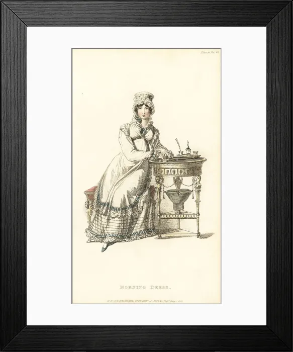 Framed Print : Regency lady in morning dress sealing a letter, 1819 Framed Print : Regency lady in morning dress sealing a letter, 1819