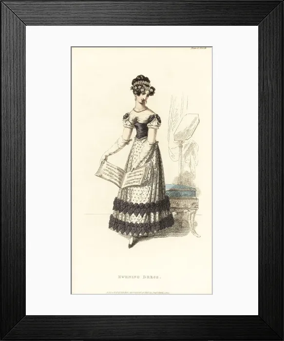 Framed Print : Regency lady in evening dress reading a musical score, 1820