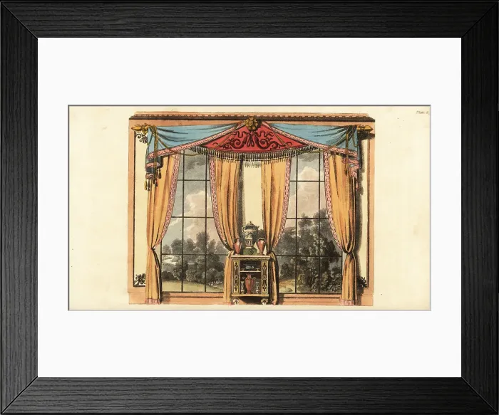 Framed Print : Drawing-room window curtains and cabinet with inlays designed by Framed Print : Drawing-room window curtains and cabinet with inlays designed by
