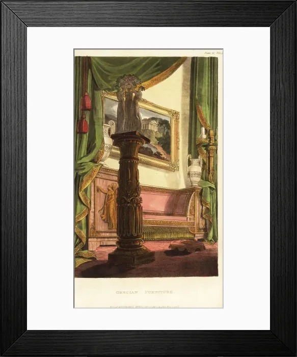Framed Print : Sofa, monopodium, sculpture, urns, painting and draperies in Framed Print : Sofa, monopodium, sculpture, urns, painting and draperies in