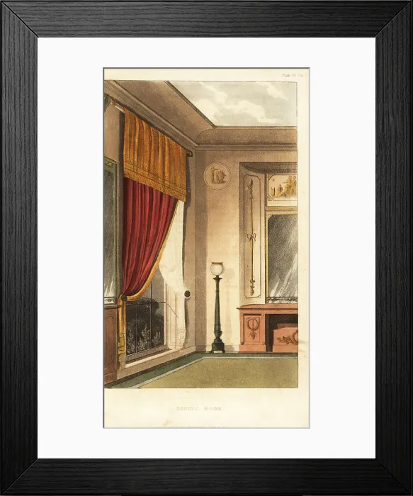 Framed Print : Dining-room window curtain and sideboard in the classical style Framed Print : Dining-room window curtain and sideboard in the classical style