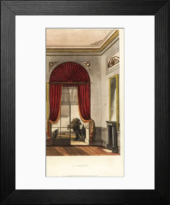 Framed Print : A saloon with arched and curtained window opening onto a terrace Framed Print : A saloon with arched and curtained window opening onto a terrace