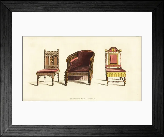 Framed Print : Regency-era chairs in different styles: Gothic, Grecian and 17th Framed Print : Regency-era chairs in different styles: Gothic, Grecian and 17th