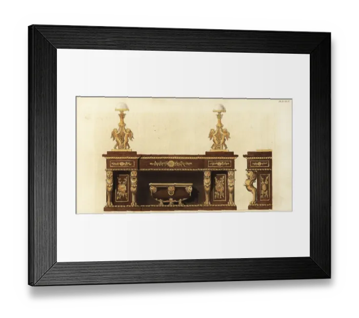 Framed Print : A sideboard in mahogany with gilt ornaments and Chimera supports Framed Print : A sideboard in mahogany with gilt ornaments and Chimera supports