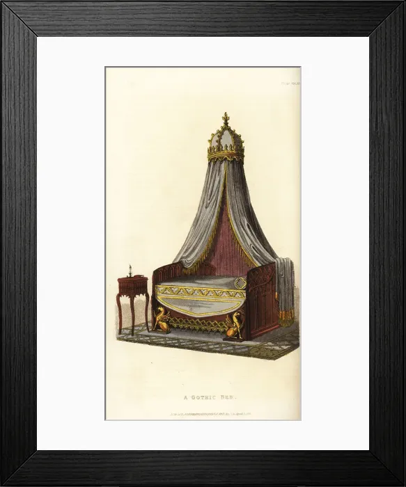 Framed Print : A Gothic bed in the florid style with bedside table Framed Print : A Gothic bed in the florid style with bedside table