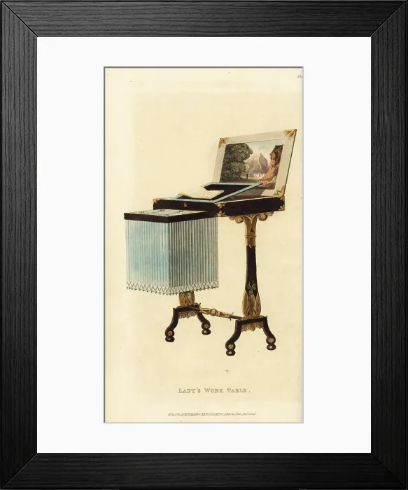 Framed Print : Elegant lady's work table, Regency era Framed Print : Elegant lady's work table, Regency era