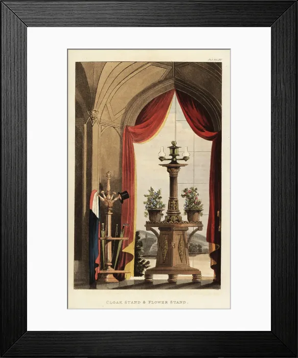 Framed Print : Cloak stand and flower stand in the Gothic style, Regency era Framed Print : Cloak stand and flower stand in the Gothic style, Regency era