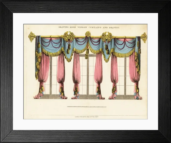 Framed Print : Drawing room window curtains and drapery, Regency style