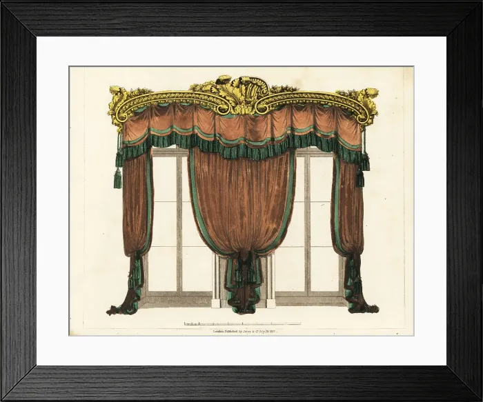 Framed Print : Drawing-room window curtains, Regency style Framed Print : Drawing-room window curtains, Regency style