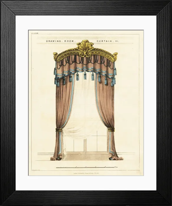 Framed Print : Drawing room curtains, Regency style Framed Print : Drawing room curtains, Regency style