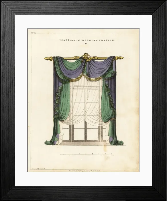 Framed Print : Venetian window and curtain, Regency style Framed Print : Venetian window and curtain, Regency style
