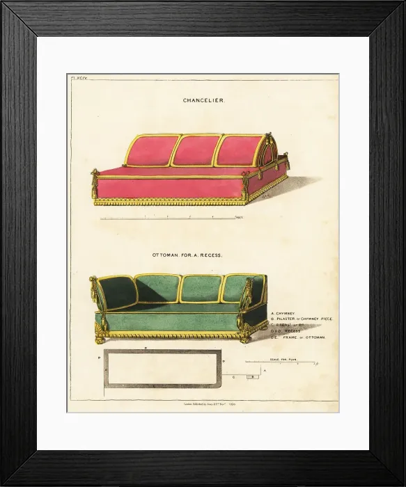 Framed Print : Chancelier and ottoman for a recess, Regency style Framed Print : Chancelier and ottoman for a recess, Regency style