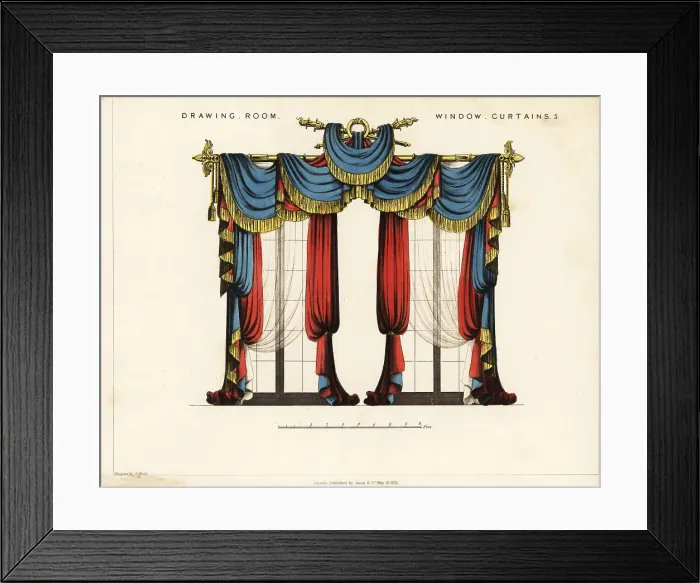 Framed Print : Drawing room window curtains, Regency style Framed Print : Drawing room window curtains, Regency style