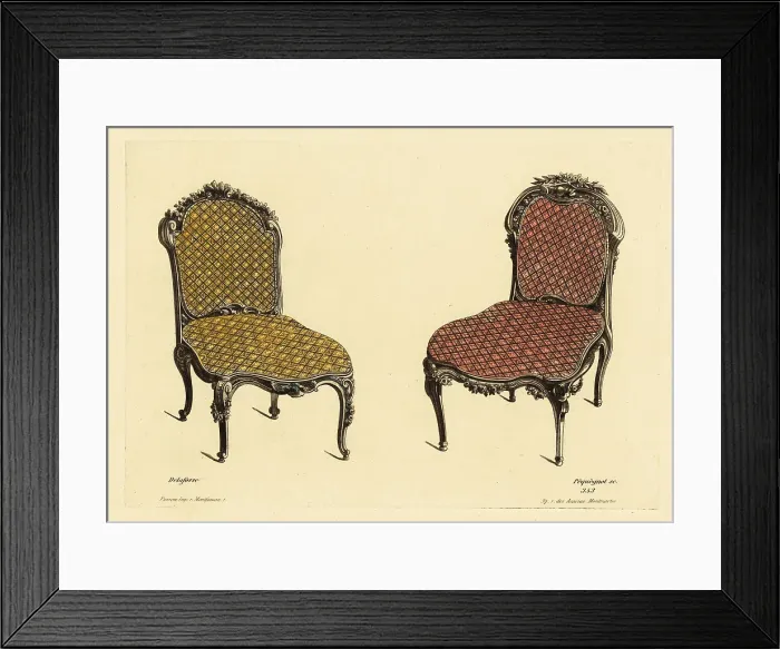 Framed Print : Drawing room chairs in carved wood with upholstered cushions in Framed Print : Drawing room chairs in carved wood with upholstered cushions in