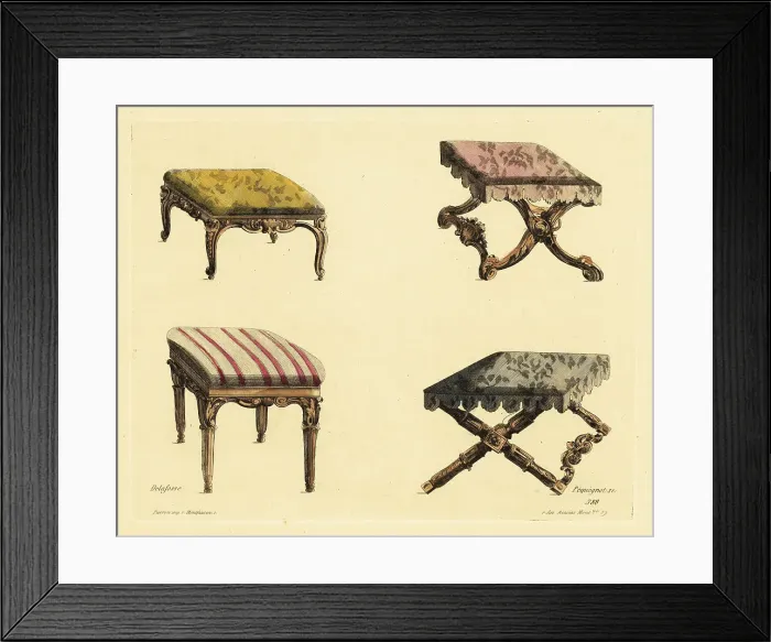 Framed Print : Footstools and stools in carved wood and rich fabric in the Loui Framed Print : Footstools and stools in carved wood and rich fabric in the Loui