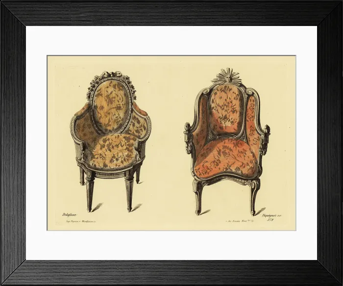 Framed Print : Drawing room armchairs in carved wood and rich fabric in the Lou Framed Print : Drawing room armchairs in carved wood and rich fabric in the Lou
