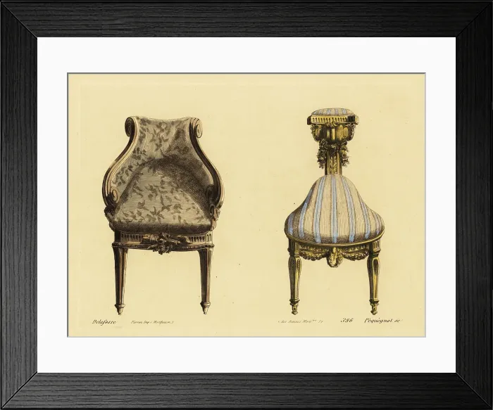 Framed Print : Drawing room armchair and three-leg chair in ornately carved woo Framed Print : Drawing room armchair and three-leg chair in ornately carved woo