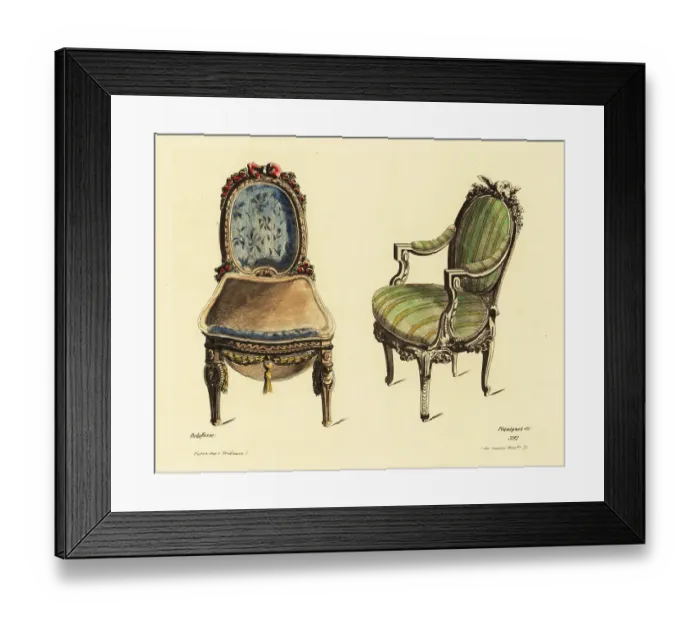 Framed Print : Drawing room chair and armchair in carved wood and rich fabric i Framed Print : Drawing room chair and armchair in carved wood and rich fabric i