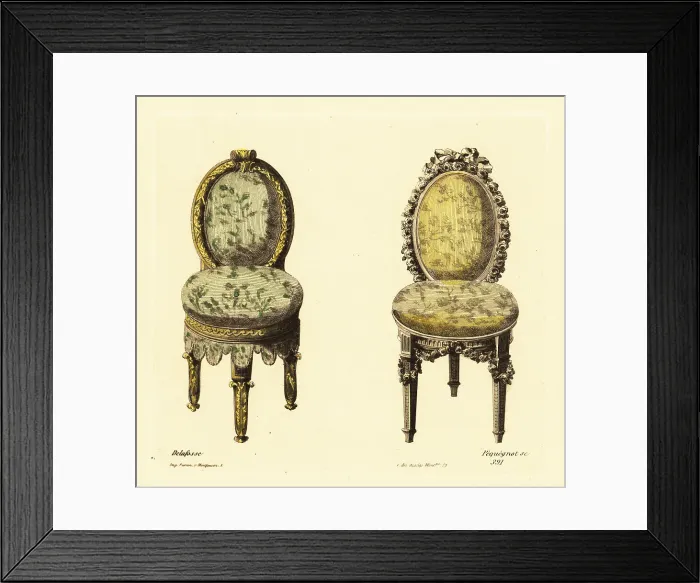 Framed Print : Drawing room three-leg chairs in carved wood and rich fabric uph Framed Print : Drawing room three-leg chairs in carved wood and rich fabric uph