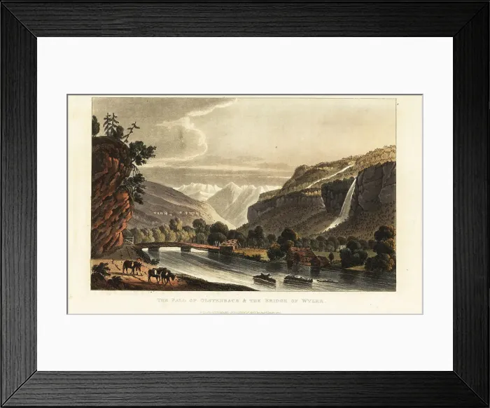 Framed Print : View of the glaciers; alps; waterfall and bridge at Wiler, Switz Framed Print : View of the glaciers; alps; waterfall and bridge at Wiler, Switz