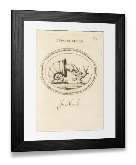 Framed Print : A wolf hiding in a snail's shell to attack a hare Framed Print : A wolf hiding in a snail's shell to attack a hare