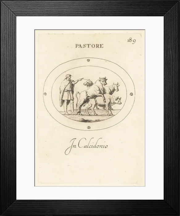 Framed Print : Roman shepherd overseeing a bull mounting a cow. In chalcedony Framed Print : Roman shepherd overseeing a bull mounting a cow. In chalcedony