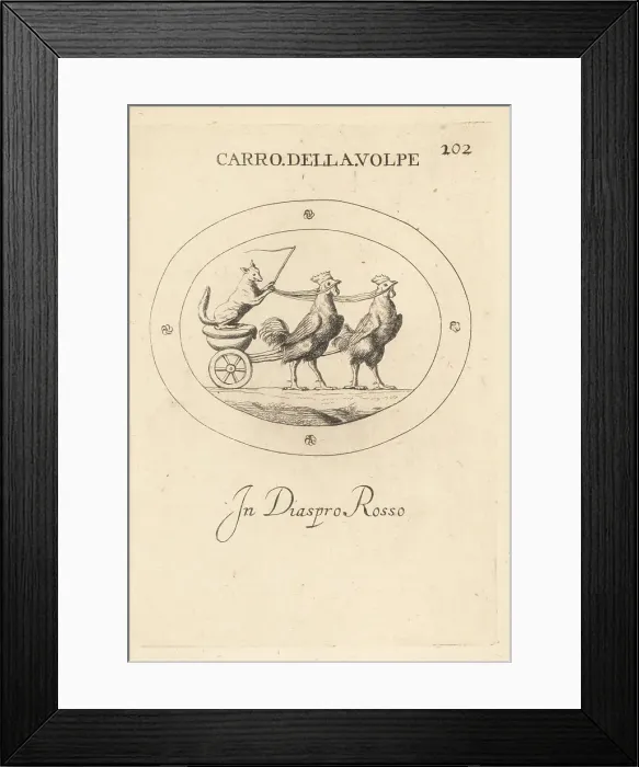 Framed Print : A fox driving a chariot drawn by two roosters Framed Print : A fox driving a chariot drawn by two roosters