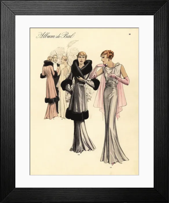 Framed Print : Velvet evening redingote and Marocain frock, 1935
