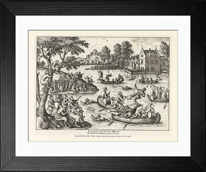 Framed Print : Monkeys on boats competing in a water joust, 16th century Framed Print : Monkeys on boats competing in a water joust, 16th century