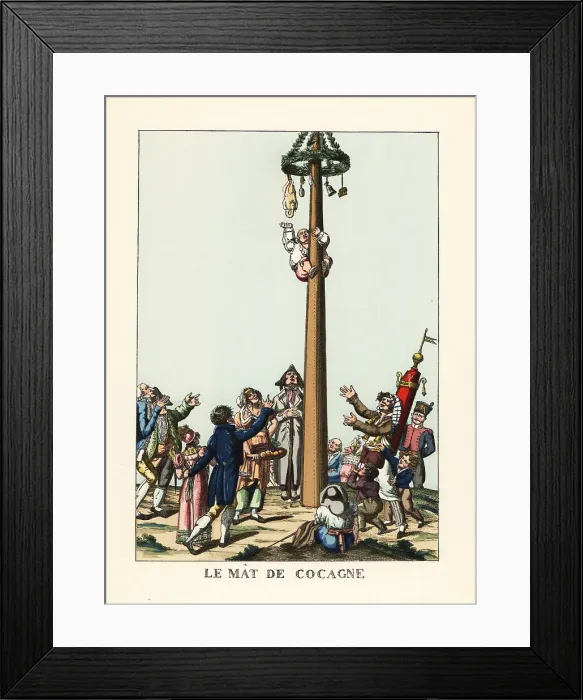 Framed Print : A man climbing a greasy pole for a prize, France, 19th century Framed Print : A man climbing a greasy pole for a prize, France, 19th century