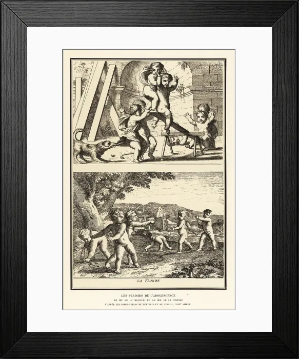 Framed Print : Children playing on a seesaw and with slings, 17th century Framed Print : Children playing on a seesaw and with slings, 17th century