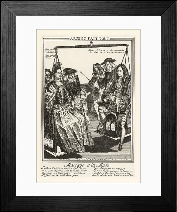 Framed Print : A couple sits in a balance to compare assets before marriage, 17 Framed Print : A couple sits in a balance to compare assets before marriage, 17