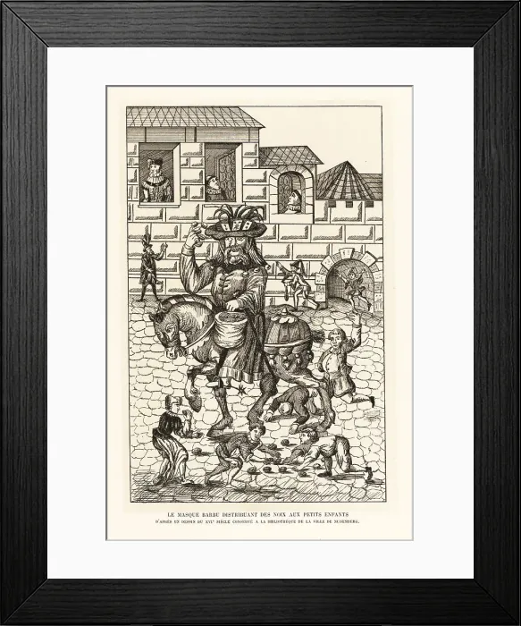 Framed Print : Schembart or maskbeard distributing nuts to children, 16th centu Framed Print : Schembart or maskbeard distributing nuts to children, 16th centu