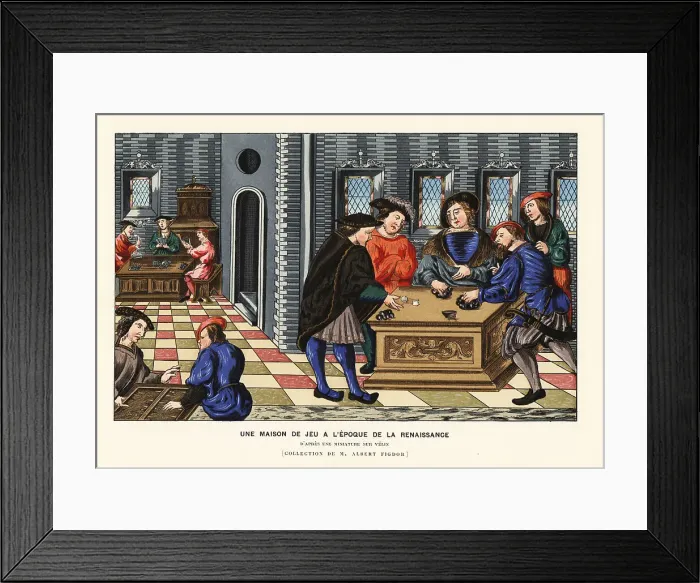Framed Print : French gentlemen playing at a gaming house, Renaissance era Framed Print : French gentlemen playing at a gaming house, Renaissance era