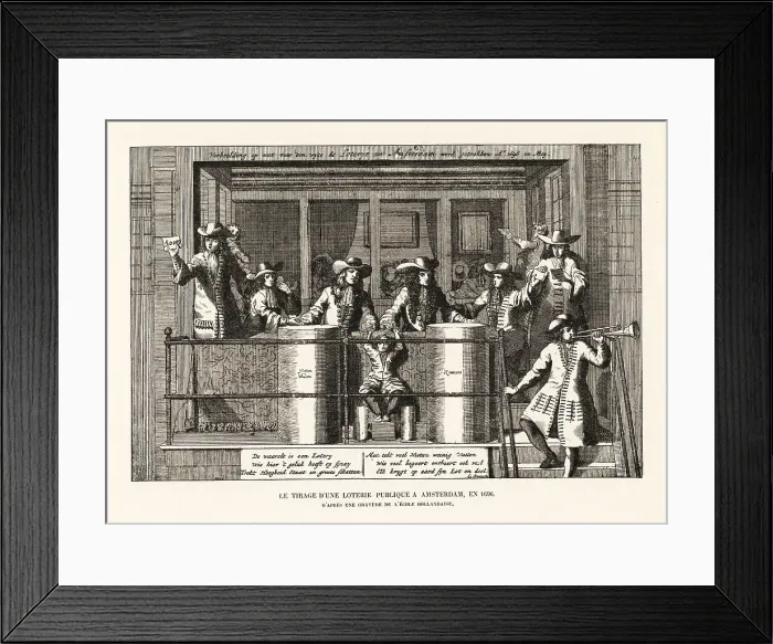 Framed Print : Drawing winners in a public lottery in Amsterdam, 1696 Framed Print : Drawing winners in a public lottery in Amsterdam, 1696