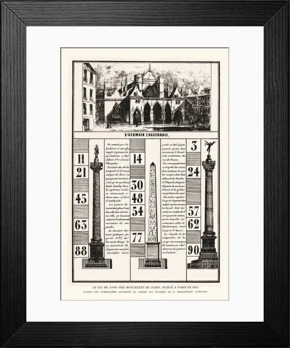 Framed Print : Lotto numbers game featuring Paris monuments, 1840 Framed Print : Lotto numbers game featuring Paris monuments, 1840