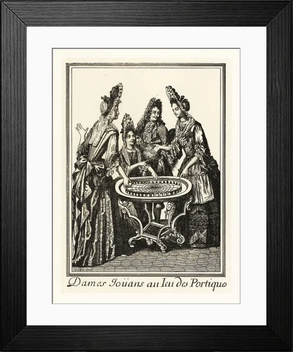 Framed Print : Ladies playing a game of bagatelle with a fop, 17th century Framed Print : Ladies playing a game of bagatelle with a fop, 17th century