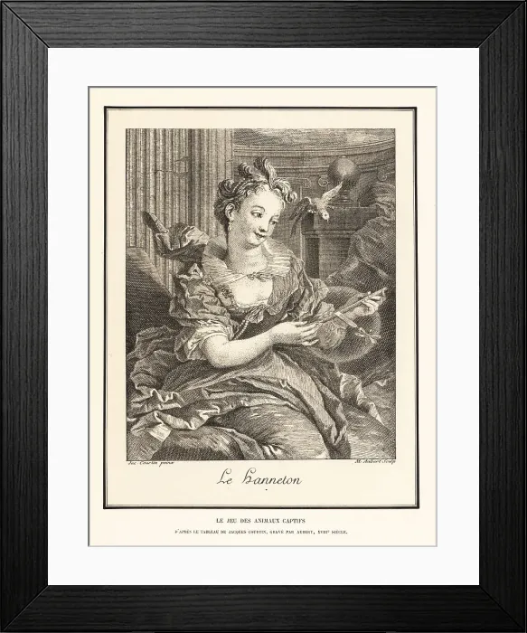Framed Print : Woman teasing a parrot with a captive beetle, 18th century Framed Print : Woman teasing a parrot with a captive beetle, 18th century