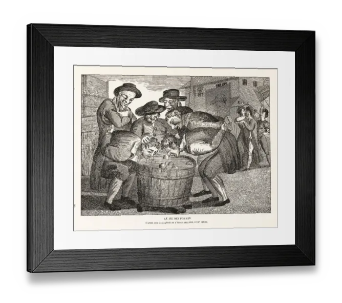 Framed Print : Peasants ducking for apples in a barrel, 18th century Framed Print : Peasants ducking for apples in a barrel, 18th century