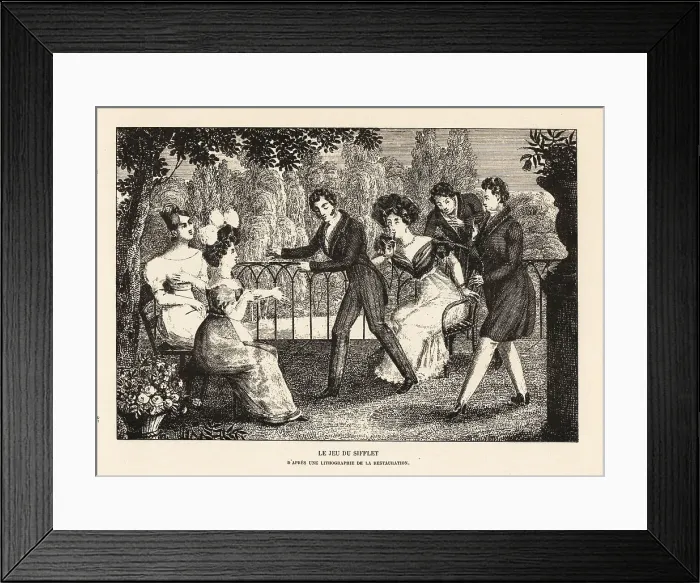 Framed Print : Fashionable people in a garden playing the Whistle Game Framed Print : Fashionable people in a garden playing the Whistle Game