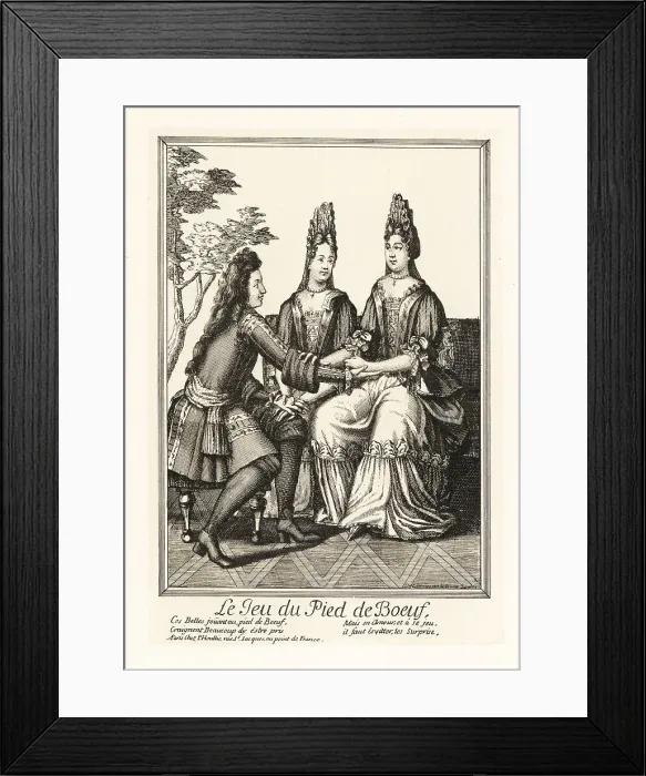 Framed Print : Fop and beauty playing a kissing game, 17th century Framed Print : Fop and beauty playing a kissing game, 17th century