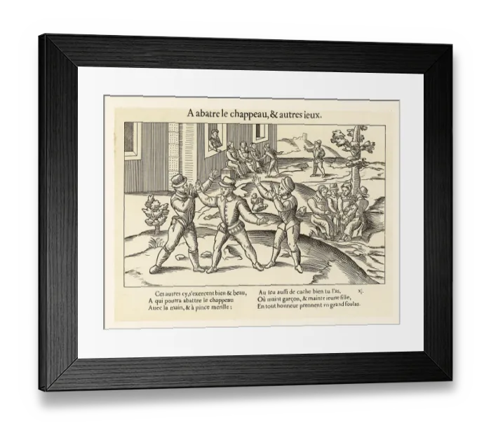 Framed Print : Medieval children playing the game of knock off the hat, 1587 Framed Print : Medieval children playing the game of knock off the hat, 1587