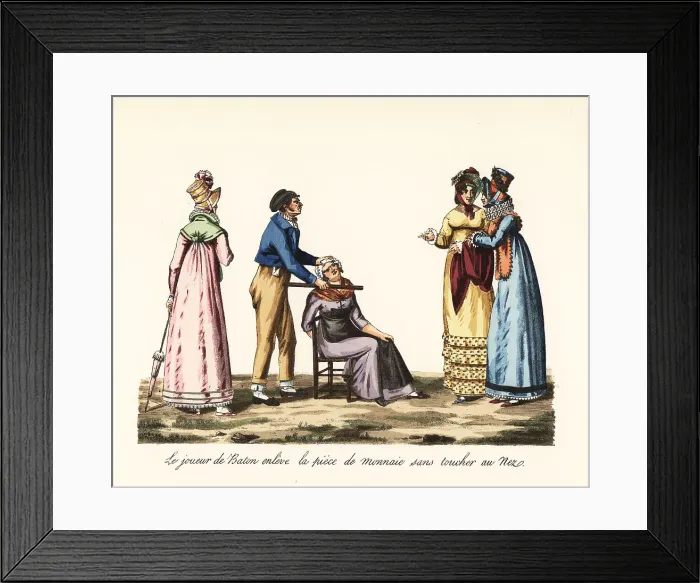 Framed Print : Magician using a baton to remove a coin from a woman's nose, Par Framed Print : Magician using a baton to remove a coin from a woman's nose, Par