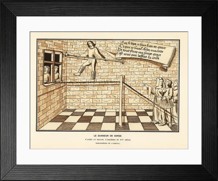 Framed Print : Rope dancer from a 16th century book of emblems Framed Print : Rope dancer from a 16th century book of emblems