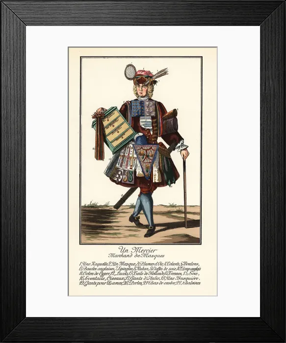 Framed Print : Costume of a French mask seller, 1700 Framed Print : Costume of a French mask seller, 1700