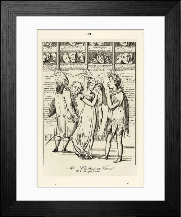 Framed Print : Customers trying on masks for a masquerade, 18th century Framed Print : Customers trying on masks for a masquerade, 18th century