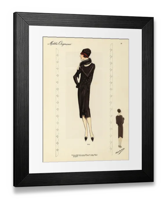Framed Print : Afternoon dress in black velvet chiffon adorned with galloons an