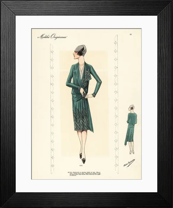 Framed Print : Afternoon dress of green veloutine and grey cloche hat Framed Print : Afternoon dress of green veloutine and grey cloche hat