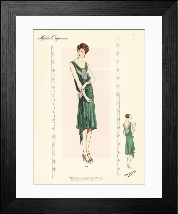 Framed Print : Informal evening dress of green velvet chiffon Framed Print : Informal evening dress of green velvet chiffon